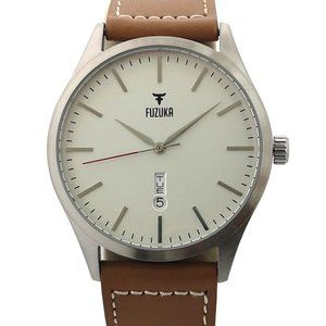 FUZUKA SILVER WHITE TAN LEATHER STRAP UNISEX WATCH